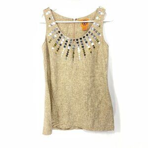 Tory Burch‎ 100% Linen Size 2 Tan Embellished Sleeveless Blouse Top
